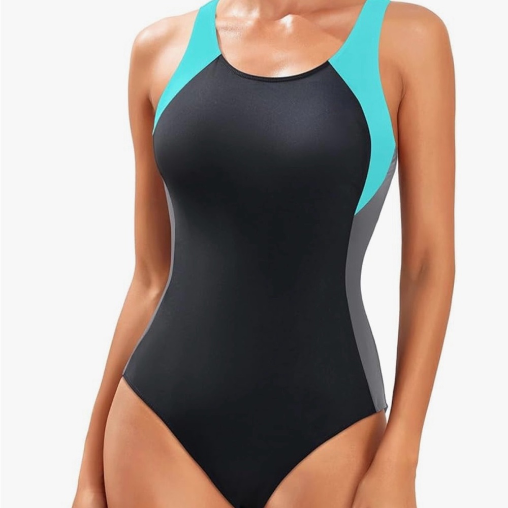 Elegant Black and Aqua One-Piece Swimsuit